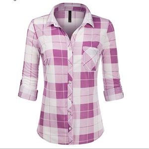 Lavender & White Button Down Plaid Top
